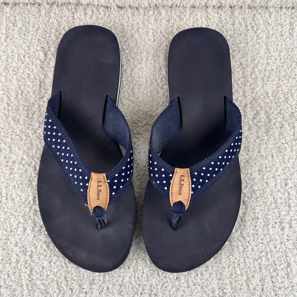 L.L.Bean Flip Flops Womens 10 Navy Blue Polka Dots Canvas Maine Isle Thongs NWOT - Picture 1 of 8